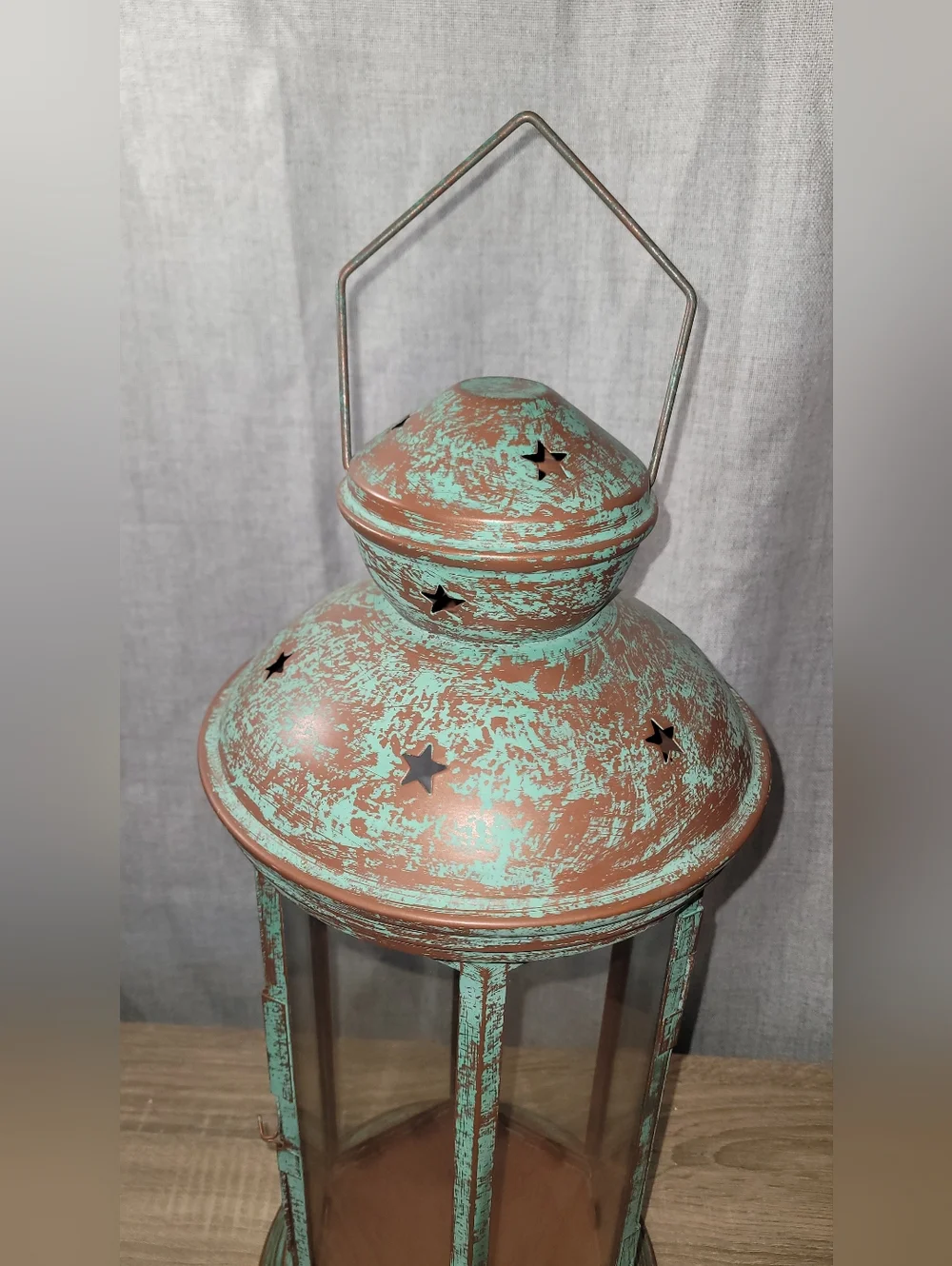 Distressed Turquoise Metal Lantern Large 20